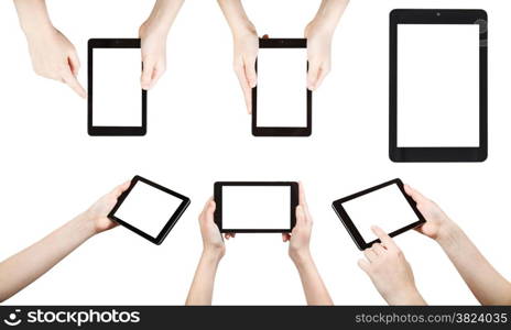 set of hands holding tablet pc with cut out screen isolated on white background