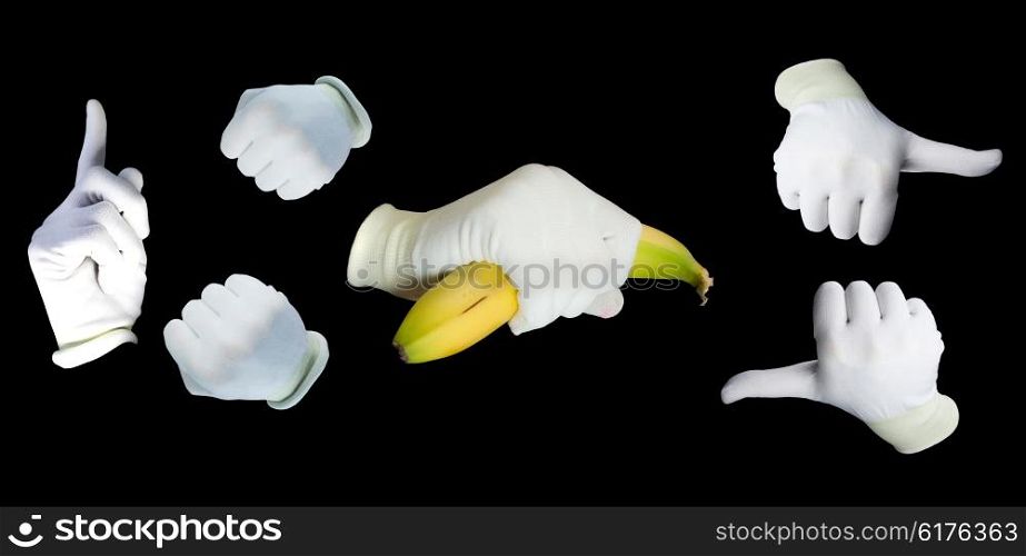Set of hands wearing white gloves isolated on white background