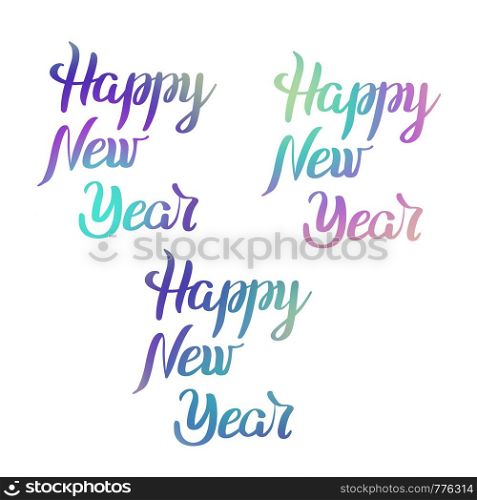Set of Happy New Year colorful lettering on white background. Holiday illustration. Design for invitation, print, card