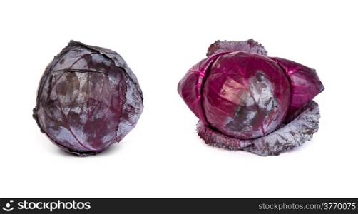 set of head of red cabbage with the outer leaves removed, isolated on white