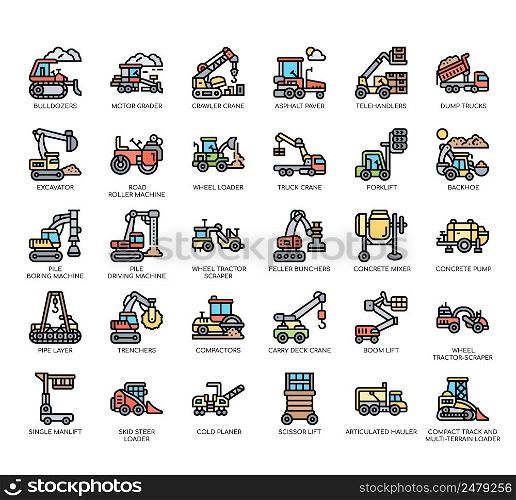 Set of Heavy construction equipment thin line icons for any web and app project.
