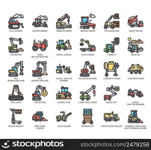 Set of Heavy construction equipment thin line icons for any web and app project.