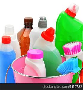 Set of household chemicals and brushes for cleaning isolated on white background.