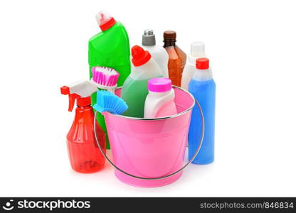 Set of household chemicals and bucket for cleaning isolated on white background.