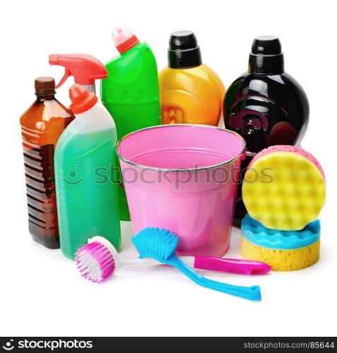 set of household chemicals, bucket and brushes for cleaning isolated on white background
