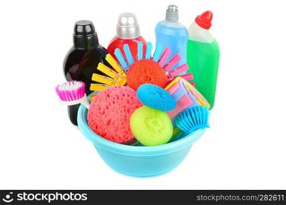 Set of household chemicals, sponges, napkins for cleaning isolated on white background.