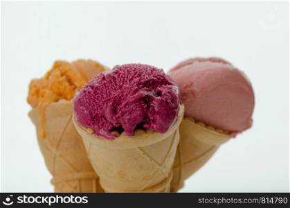 Set of ice cream in waffle cone on white background,shallow depth of field