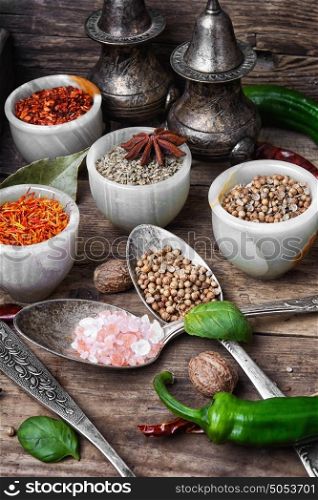set of Indian spices. large set of Indian spices in spoons and bowls