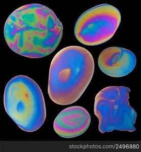 Set of iridescent oil drops spills isolated on black background