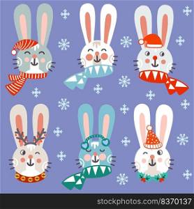 Set of isolated characters. Christmas cute rabbits heads in hats and scarves vector illustration. Design templates. For print, fabric, porcelain, bed linen, decor and party, stickers. Set of christmas rabbits characters vector illustration