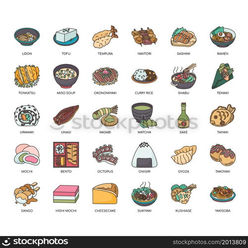 Set of japanese food thin line and pixel perfect icons for any web and app project.