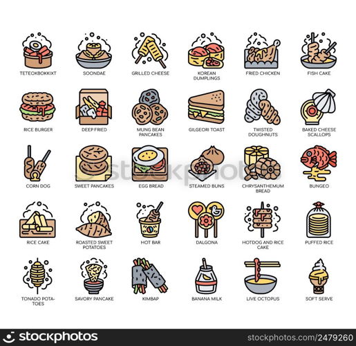 Set of Korean Street Foods thin line icons for any web and app project.