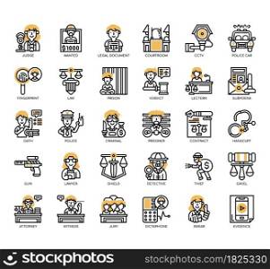 Set of Law and Justice thin line and pixel perfect icons for any web and app project.