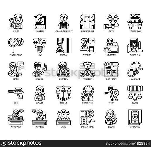 Set of Law and Justice thin line and pixel perfect icons for any web and app project.
