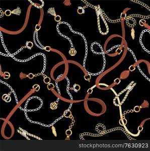 Set of leather belt, metal chain and braid seamless pattern. Elements for woman clothes fabric and everyday use on dark. Materials on black background. Vector illustration in flat style. Set of Belt, Chain and Braid Metal and Leather