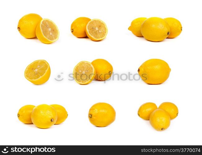 Set of lemons and lemons cut in Half Isolated on White Background