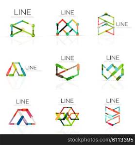 Set of linear abstract logos, connected multicolored segments of lines in geometrical figures. wire business icon collection isolated on white