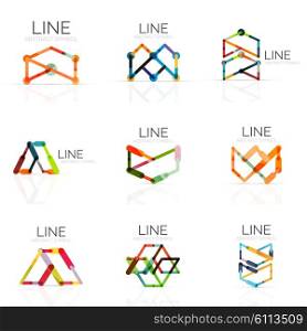 Set of linear abstract logos, connected multicolored segments of lines in geometrical figures. wire business icon collection isolated on white