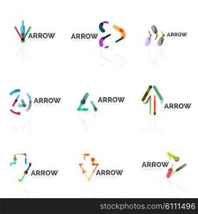 Set of linear arrow abstract logos, connected multicolored segments of lines in directional pointer figures. wire business icon collection isolated on white
