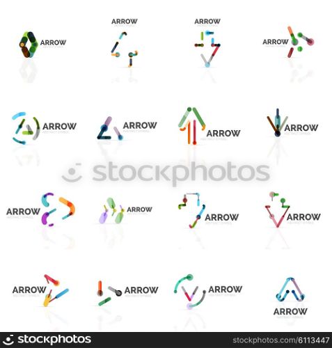Set of linear arrow abstract logos, connected multicolored segments of lines in directional pointer figures. wire business icon collection isolated on white