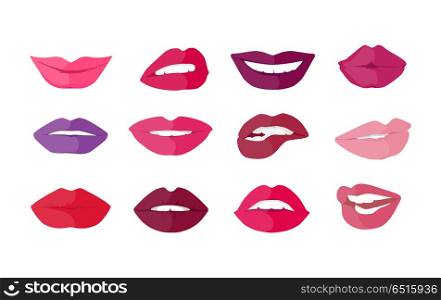 Set of Lips with Expression Emotions. Set of lips with expression of emotions. Funny emoticons expressing anger, happiness, sadness, joy, surprise, wonder, amazement. Different mood states collection isolated on white. Vector