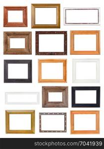 set of little wide wooden picture frames with cut out canvas isolated on white background