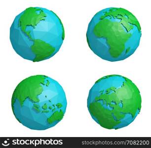 Set of low poly earth planet with four continents, polygonal globe icon, 3D rendering
