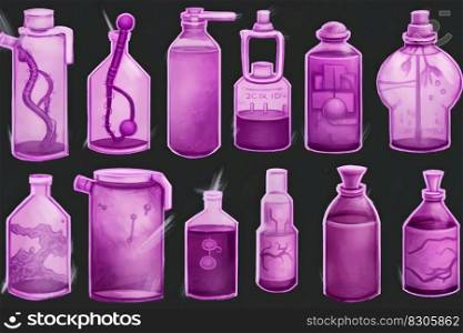 Set of magical potion bottles. Neural network AI generated. Set of magical potion bottles. Neural network AI generated art