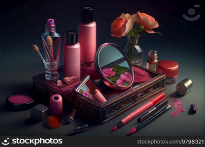 Set of make up cosmetics in viva magenta colors over black background. Set of make up cosmetics