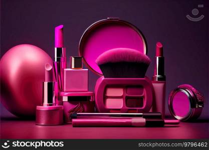 Set of make up cosmetics in viva magenta colors. Set of make up cosmetics