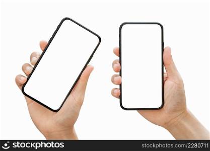 Set of Male hand holding smartphone with blank screen isolated on white background.