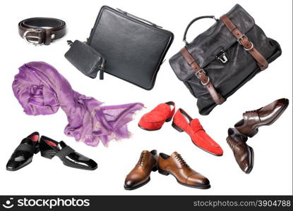 set of male shoes, accessories and bags isolated on white