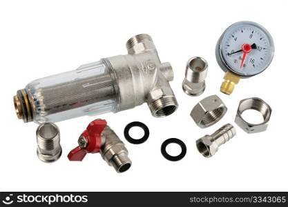 Set of manometer and water filter. Close-up. Isolated on white background.