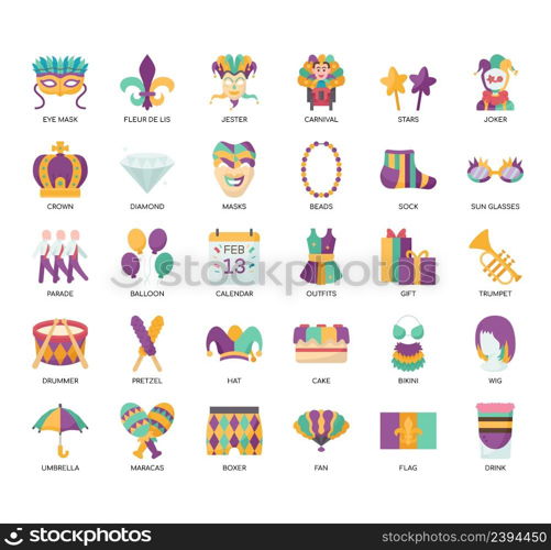 Set of Mardi Gras thin line icons for any web and app project.