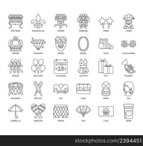 Set of Mardi Gras thin line icons for any web and app project.