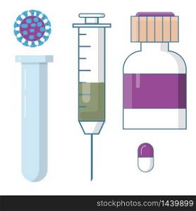 Set of medicine bottles with labels and pills. drugs, tablets,capsules vitamins.syringe, thermometer, vector illustration in flat style.