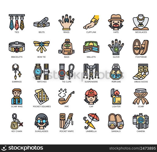 Set of Men&rsquo;s fashion accessories thin line icons for any web and app project.