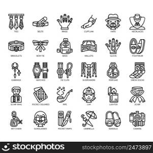Set of Men&rsquo;s fashion accessories thin line icons for any web and app project.