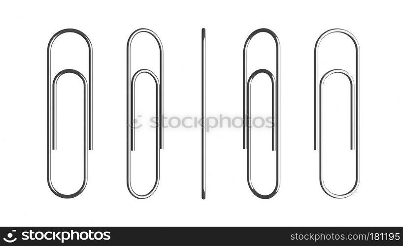 Set of metal paper clips isolated on white background for office business concept, attached to paper. 3d illustration