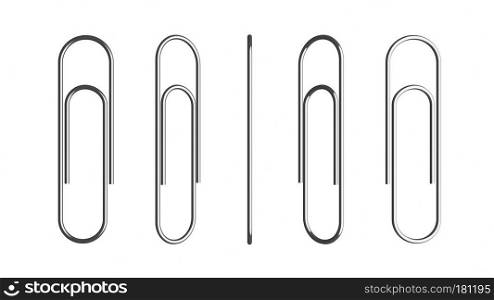 Set of metal paper clips isolated on white background for office business concept, attached to paper. 3d illustration
