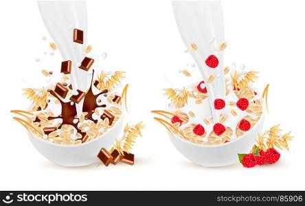 Set of milk flowing into a bowl with grain and raspberry and chocolate. Vector.