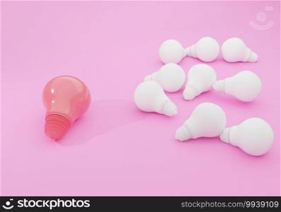 Set of minimal Idea 3d rendering render metallic style Design Concept Red and white light bulb on a pink pastel background, 3d illustration.