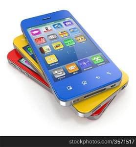 Set of mobile phones with touchscreen. 3d