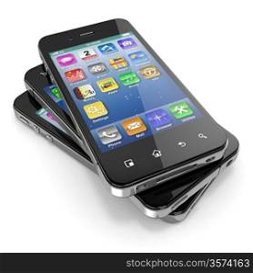 Set of mobile phones with touchscreen. 3d