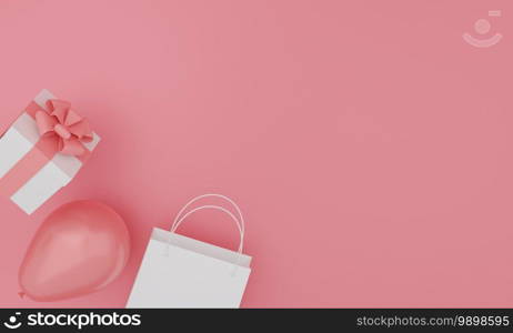 Set of mock up paper bag, gift box and balloons on pink color background. Festive design. 3d rendering.