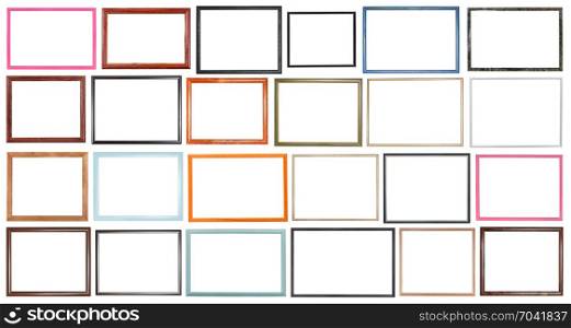 set of modern narrow wooden picture frames with cut out canvas isolated on white background