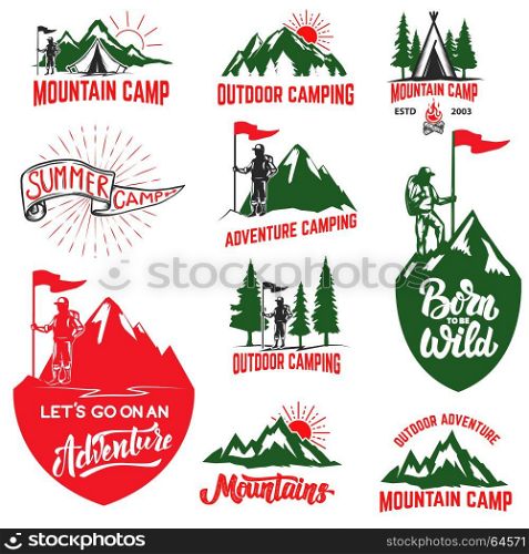 Set of mountain camping, outdoor adventure, mountains labels. Design elements for logo, label, emblem, sign. Vector illustration