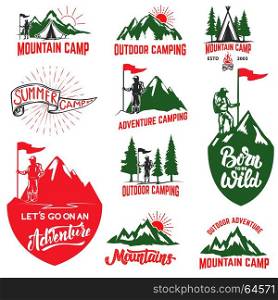 Set of mountain camping, outdoor adventure, mountains labels. Design elements for logo, label, emblem, sign. Vector illustration