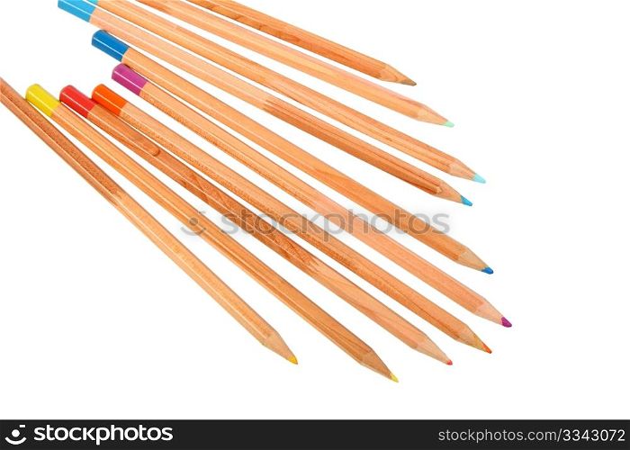Set of multicolored wood pencils. Close-up. Isolated on white background.