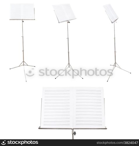 set of music stands with blank music book isolated on white background